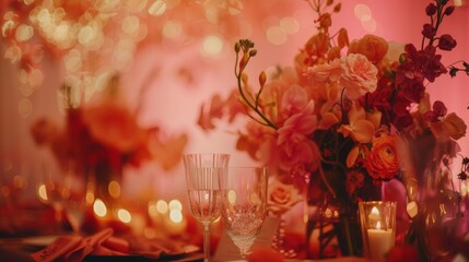 Poster - A table with a vase of flowers and two wine glasses