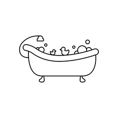Poster - Bath in linear style vector icon. Shower logo concept. Outline of a cute bathtub in a simple flat style. Cleanliness vector icon. Home interior for bathroom vector. Vector illustration.
