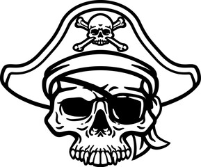 Wall Mural - A pirate skull and crossbones jolly roger grim reaper cartoon wearing captain a hat and eye patch