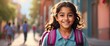 Happy smiling hispanic mexican little kid girl carrying a backpack going back to school looking at the camera, copy space banner template backdrop from Generative AI