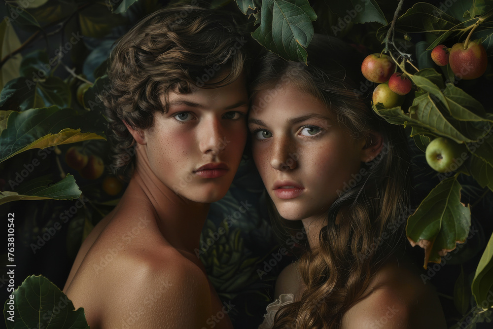 Portrait of a young couple of naked man and woman under apple tree like Adam and Eve in the