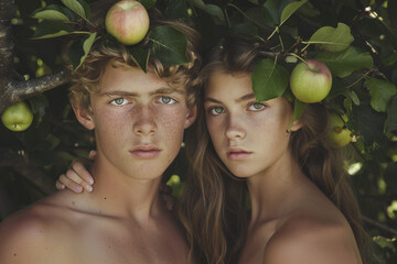 Portrait of a young couple of naked man and woman under apple tree like Adam and Eve in the Garden of Eden