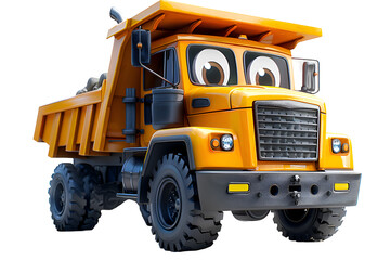 Canvas Print - A 3D animated cartoon render of an orange dump truck with a smiling face.