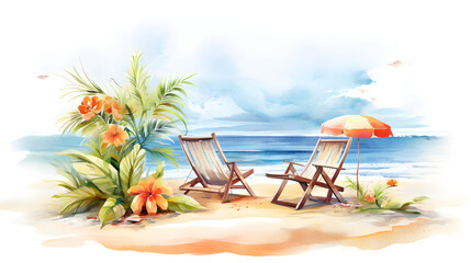 Wall Mural - Tropical Beach Paradise Watercolor Illustration Peaceful Vacation Concept