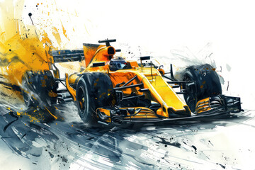 Yellow watercolor painting of sport car racing in formula 1 competition