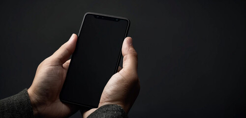 Wall Mural - Close-up of a person's hands holding a black screen mobile device with both hands, their fingers poised to navigate the digital interface, against a dark background