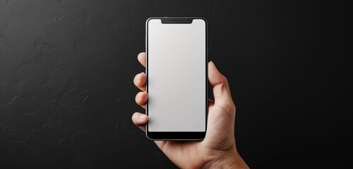 Poster - A hand holding a blank mobile screen mockup in a frontal position over a dark background, providing a clean canvas for presenting mobile app prototypes, website layouts