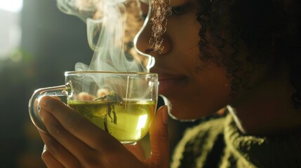 Close-up of a woman drinking from a cup of green tea