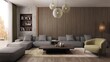 Living room designed in Japandi style, a combination of Scandinavian and Japanese design. The light beige colors of the furniture blend in a subdued way with the light wood of the floor. 3D render 