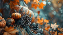 Autumnal Still Life With Pumpkins And Pine Cones Amidst Fallen Leaves. Serene Thanksgiving Composition With A Warm Color Palette. Perfect For Seasonal Themes And Decor. AI