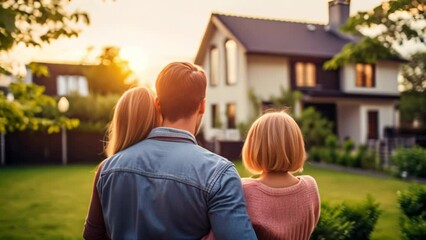 Wall Mural - Happy family, mother, father and child standing and looking on their new modern home, rear view. Mortgage, home loan concept