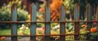 A rusty metal picket fence on the side of the garden from Generative AI