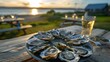 © Irina Ukrainets - Fresh oysters on a plate beside a glass of wine at sunset. outdoor dining experience by the sea. savoring seafood delicacies in nature. AI