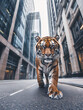 Tigre caminando por una carretera entre edificios modernos