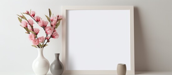 Canvas Print - A wooden picture frame is displayed on a table alongside two vases filled with beautiful flowers. The arrangement creates a lovely floral art display