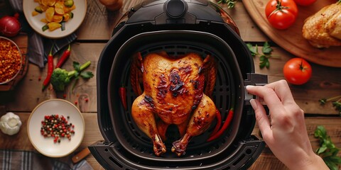 Preparing a delectable whole roasted chicken with garnish using an air fryer in the kitchen.