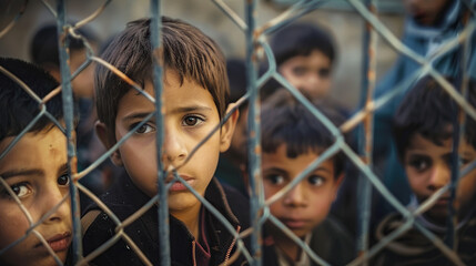 Sad serious hispanic orphan refugees behind bars looking at the camera