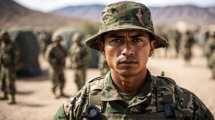 Wall Mural - Portrait of mexican male military soldier in camouflage uniform training on the battle base camp training ground, serious looking at camera from Generative AI