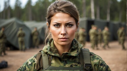 Wall Mural - Portrait of russia female military soldier in camouflage uniform training on the battle base camp training ground, serious looking at camera from Generative AI