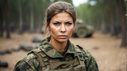 Wall Mural - Portrait of russia female military soldier in camouflage uniform training on the battle base camp training ground, serious looking at camera from Generative AI