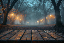 A Solitary Wooden Table Emerges From The Mist In A Foggy Night Park