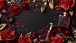 Luxurious Valentine's Day themed display featuring deep red roses, glittering hearts, and elegant perfume on a dark, sophisticated background.