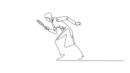 Poster - Animated self drawing of single one line drawing of Arabian businesswoman holds magnifying glass look at smartphone. Take advantage latest technology for convenience. Full length single line animation