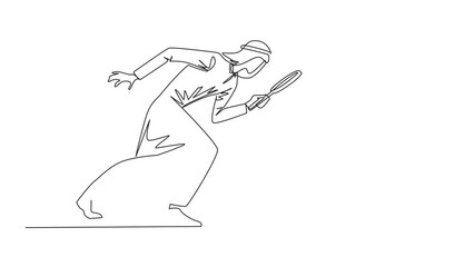 Canvas Print - Animated self drawing of single continuous line drawing Arabian businessman holding magnifying glass looking at trophy. running a business pays off by finding trophy. Full length single line animation