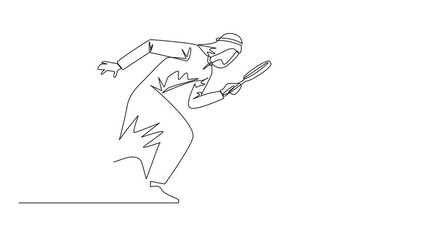 Poster - Self drawing animation of continuous one line drawing Arabian businessman holding magnifying glass looking at computer. a programmer facing the bugs in the application he made. Full length animated