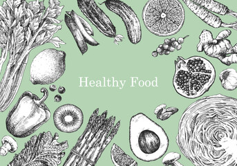 Wall Mural - Healthy Food. Hand-drawn illustration of Food. Ink. Vector	