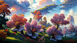 Fantasy spring landscape of a forest with surreal pink flower trees and floating islands in a sunset sky.