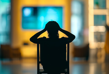 Silhouette of a pensive woman sitting by the window during sunset, with warm light casting shadows