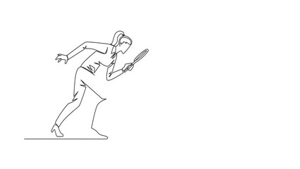 Poster - Self drawing animation of continuous one line drawing of businesswoman holding magnifying glass look at safe deposit box.  for the best place of protection to save important data. Full length animated
