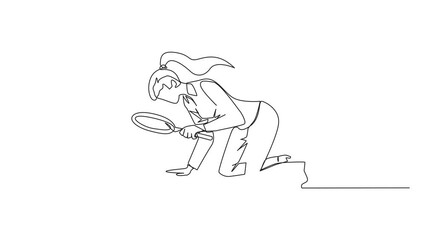 Poster - animation of one line drawing of continuous one line drawing businesswoman holding magnifying glass 