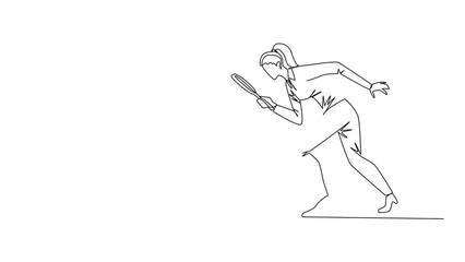 Poster - Animation of one line drawing of continuous one line drawing businesswoman holding magnifying glass highlights the briefcase. Immediately tidied up to go on a business trip. Full length motion