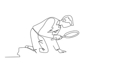 Poster - Self drawing animation of single line drawing young businessman holding magnifying glass looking at piggy bank. A stagnant business requires additional capital from a piggy bank. Full length animated