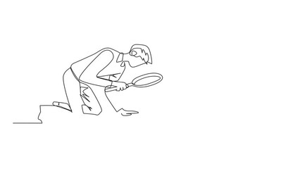 Poster - Self drawing animation of single one line drawing of businessman holds magnifying glass highlighting folder icon. Look for old files are still important to move to a safer place. Full length animated