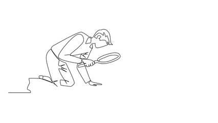 Poster - Animation of one line drawing of continuous one line drawing businessman holding magnifying glass looking at desk calendar. He made plans to vacation at the end of the year. Full length motion