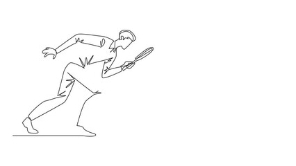 Poster - Animation of one line drawing of continuous one line drawing of businessman holding magnifying glass highlights the briefcase. tidied up his briefcase to go on a business trip. Full length motion
