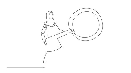 Poster - Animation of one line drawing of continuous one line drawing Arabian businesswoman standing holding a giant magnifier. Resembling a guitar player, finds all the necessary data. Full length motion