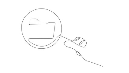 Poster - Animated self drawing of single continuous line drawing big hand holding magnifying glass highlights the folder icon. Exploration. Tidying up the contents of file. Full length single line animation