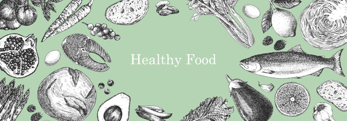 Wall Mural - Healthy Food. Hand-drawn illustration of Food. Ink. Vector	