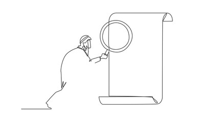 Wall Mural - Self drawing animation of single continuous line drawing of Arabian businesswoman stood holding magnifier and inspected the globe. Map out good territory to create new ventures. Full length animated