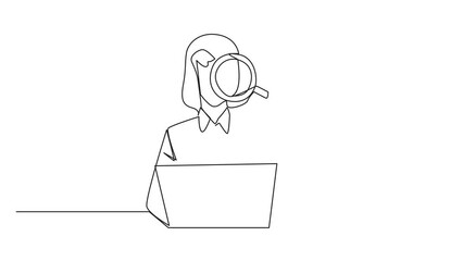 Poster - Self drawing animation of single continuous line drawing of businesswoman is typing in front of a laptop holding a magnifier. Modern business can be done anytime and anywhere. Full length animated