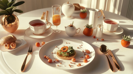 A table with a plate of food and a cup of orange juice