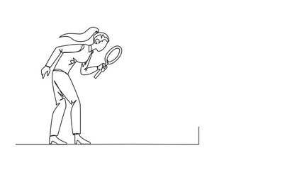Poster - Animation of one line drawing of continuous one line drawing of businesswoman stood holding  magnifier and inspected the miniature house. home property to be used as passive income. Full length motion