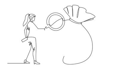 Poster - Animated self drawing of single continuous line drawing businesswoman stood checking out giant money bag with magnifier. depends on number of money bags collected. Full length single line animation