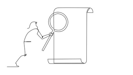 Poster - Animated self drawing of single one line drawing businesswoman stood holding a magnifier rolled paper. Evaluate product compliance with company's business standards. Full length single line animation