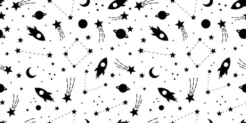 Poster - Galaxy pattern in black and white, rocket with shooting stars flat vector wallpaper, seamless repeating tile design