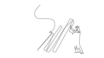 Poster - Self drawing animation of continuous one line drawing Arab businessman holds back pile of walls resembling collapsed bills. Withstand onslaught bills by holding back unnecessary. Full length animated